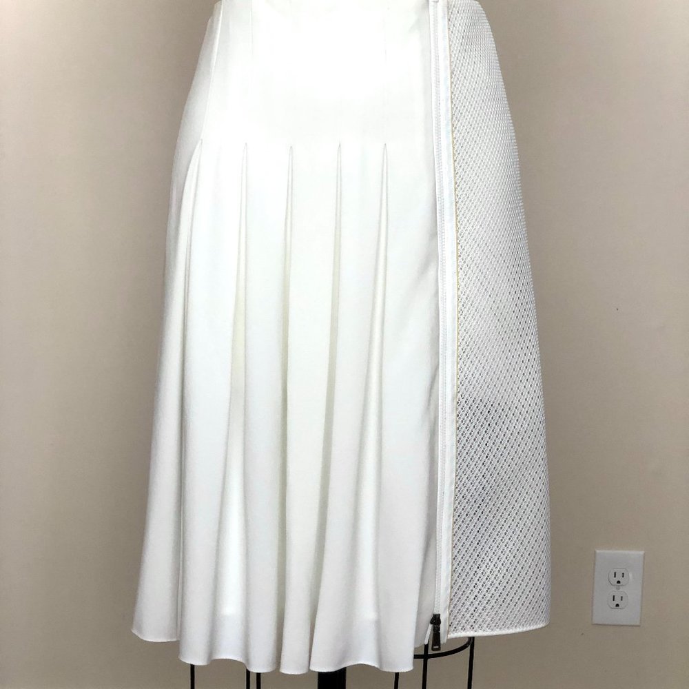PLEATED MIDI SKIRT MESH/ LEATHER TRIMS